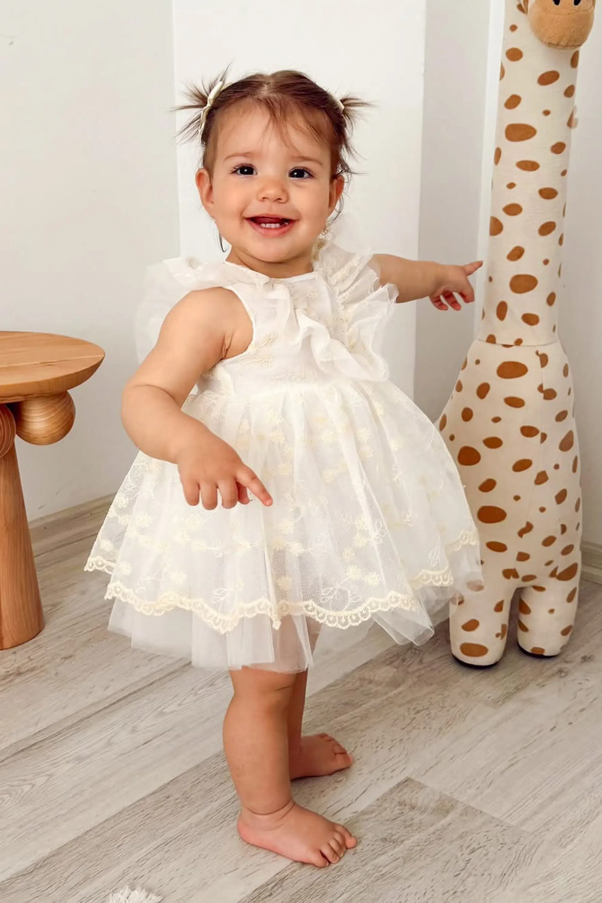 Kız Bebek Kız Çocuk Doğum Günü Parti Düğün Elbise Kısa Kol Bandanalı Dantelli Astarlı Romper - Beyaz