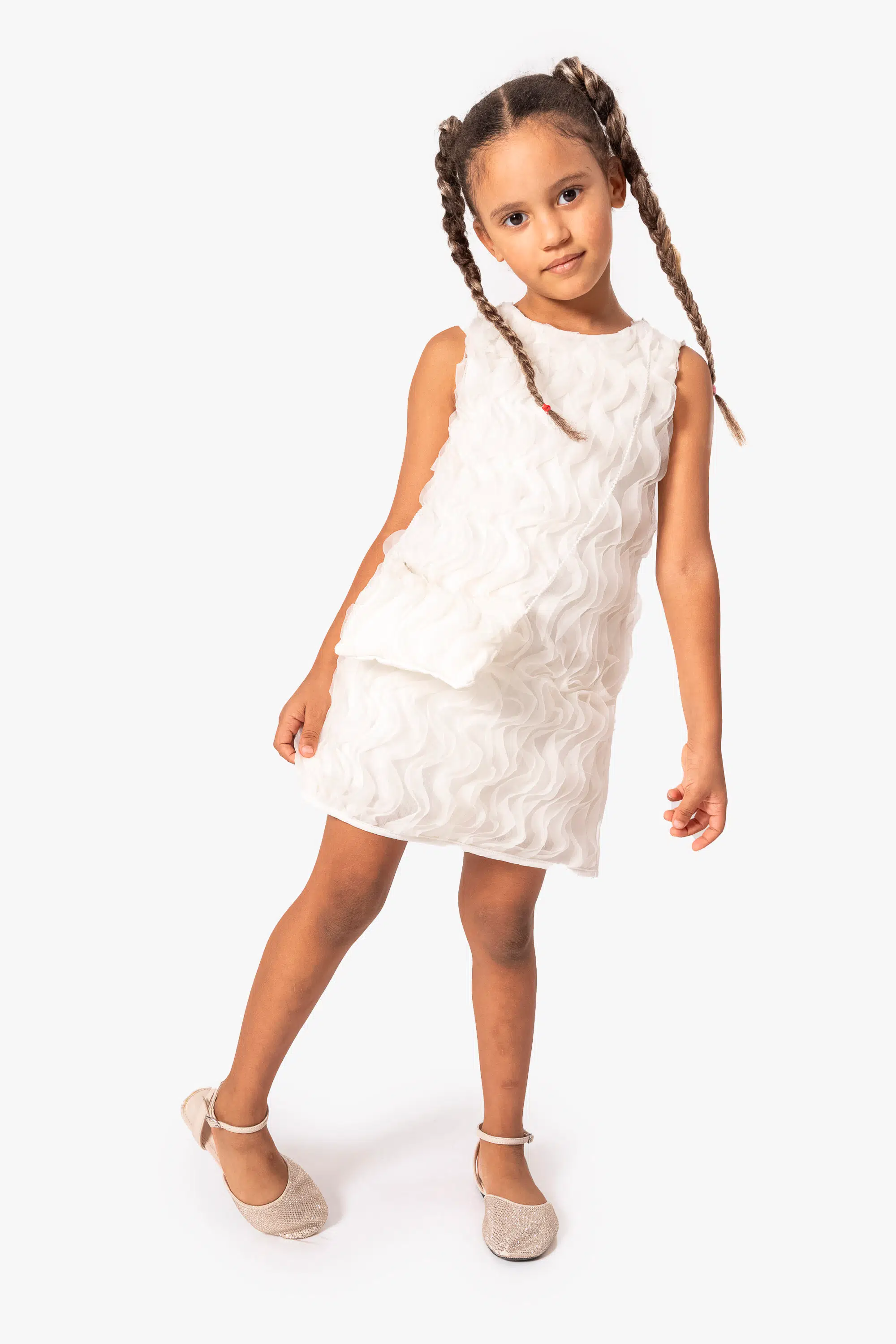 Kız Bebek Kız Çocuk Doğum Günü Parti Düğün Elbise Kısa Kol Çantalı Fırfırlı Tüllü Tütülü Tütü Astarlı - Krem