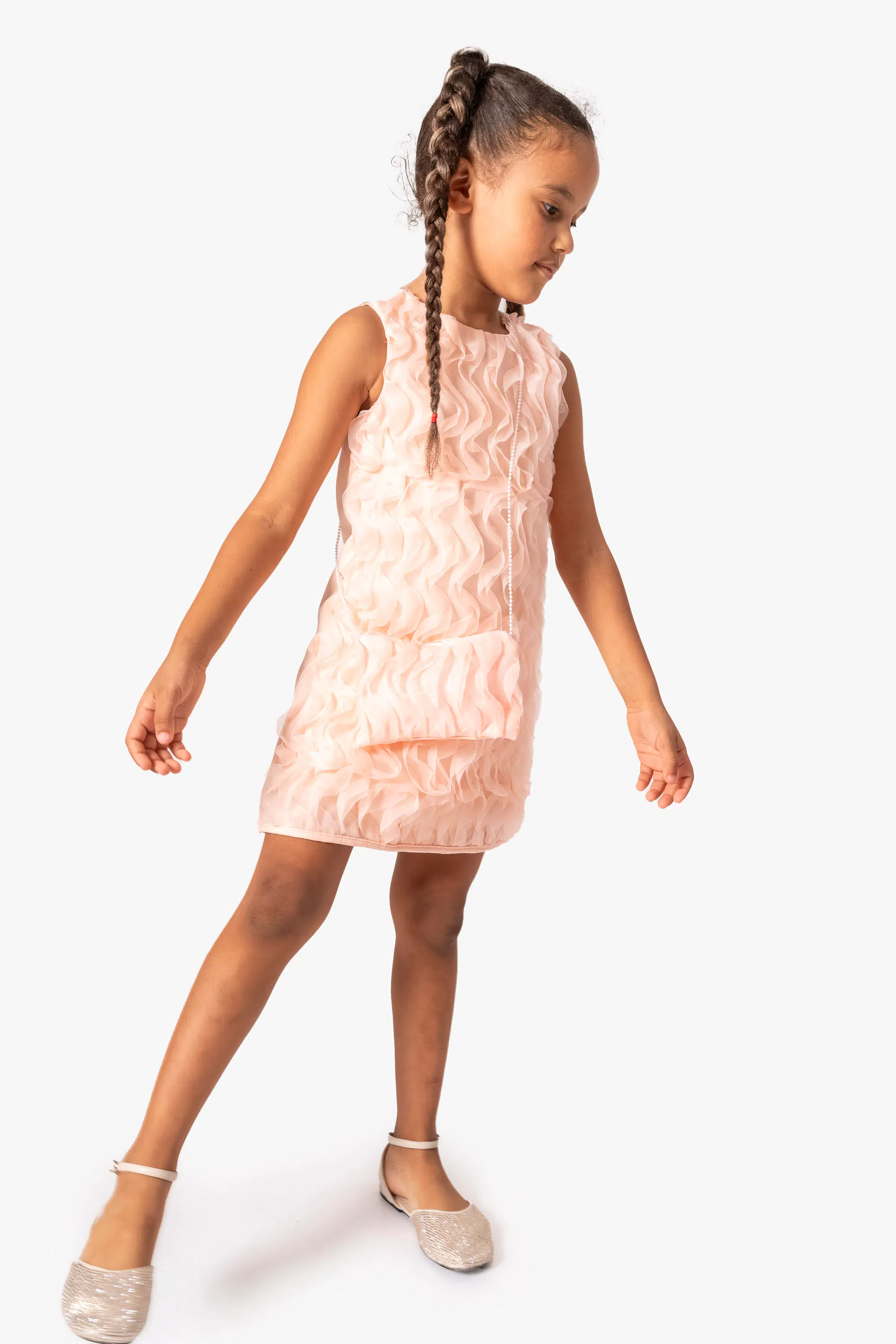 Kız Bebek Kız Çocuk Doğum Günü Parti Düğün Elbise Kısa Kol Çantalı Fırfırlı Tüllü Tütülü Tütü Astarlı - Pudra