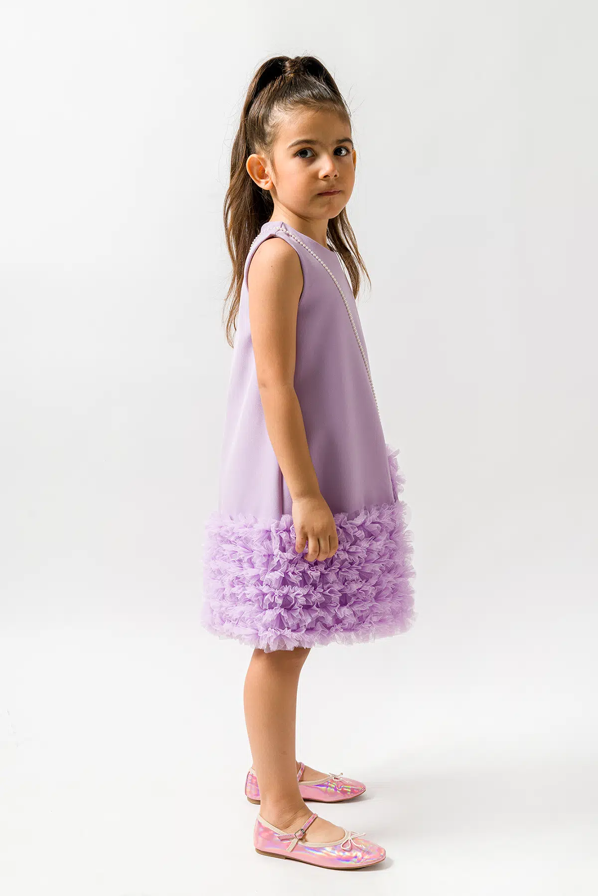 Kız Bebek Kız Çocuk Doğum Günü Parti Düğün Elbise Kısa Kol Çantalı Fırfırlı Tüllü Tütülü Tütü Astarlı - Mor