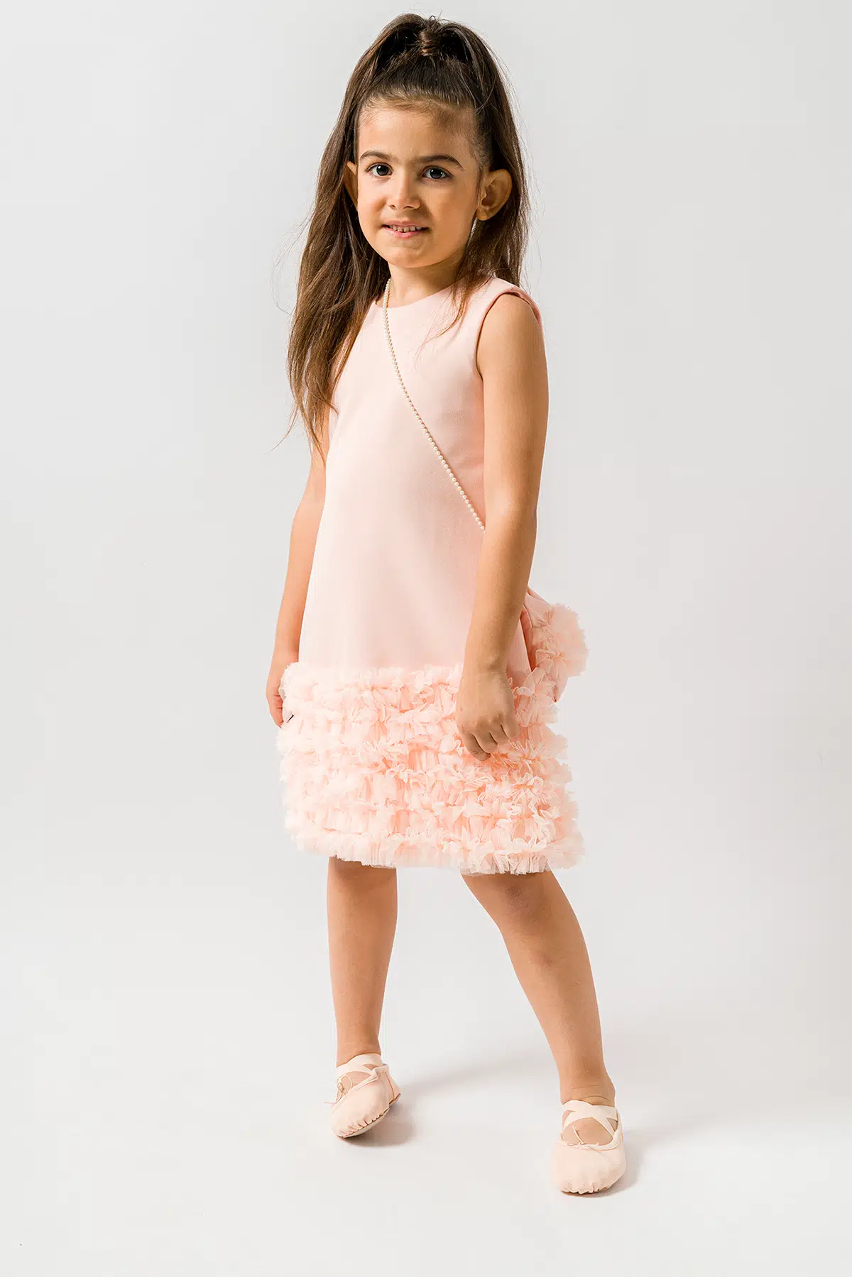 Kız Bebek Kız Çocuk Doğum Günü Parti Düğün Elbise Kısa Kol Çantalı Fırfırlı Tüllü Tütülü Tütü Astarlı - Pudra