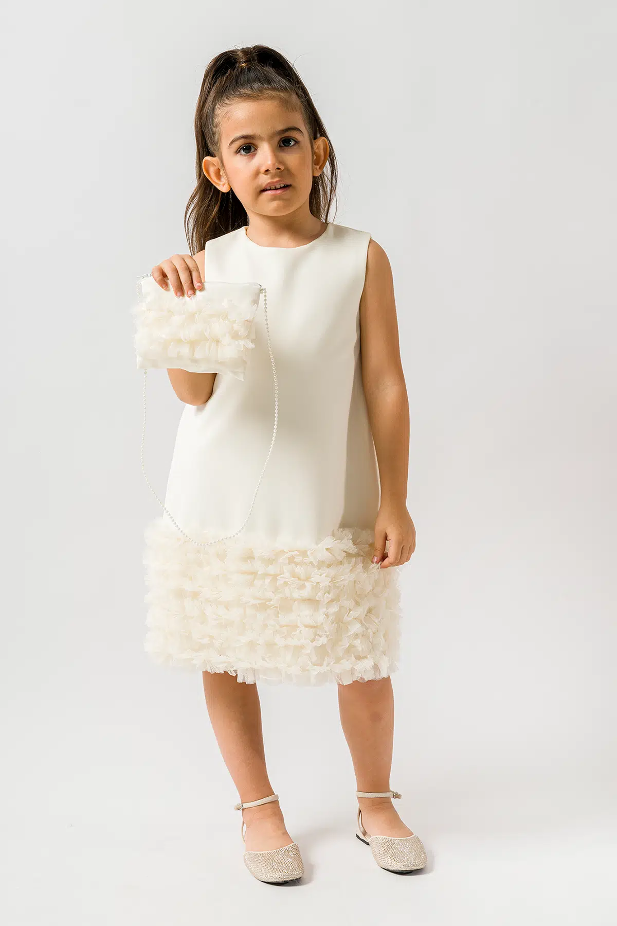 Kız Bebek Kız Çocuk Doğum Günü Parti Düğün Elbise Kısa Kol Çantalı Fırfırlı Tüllü Tütülü Tütü Astarlı - Krem