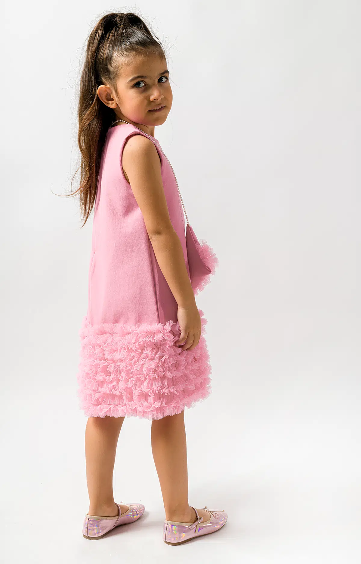 Kız Bebek Kız Çocuk Doğum Günü Parti Düğün Elbise Kısa Kol Çantalı Fırfırlı Tüllü Tütülü Tütü Astarlı - Açık Pembe