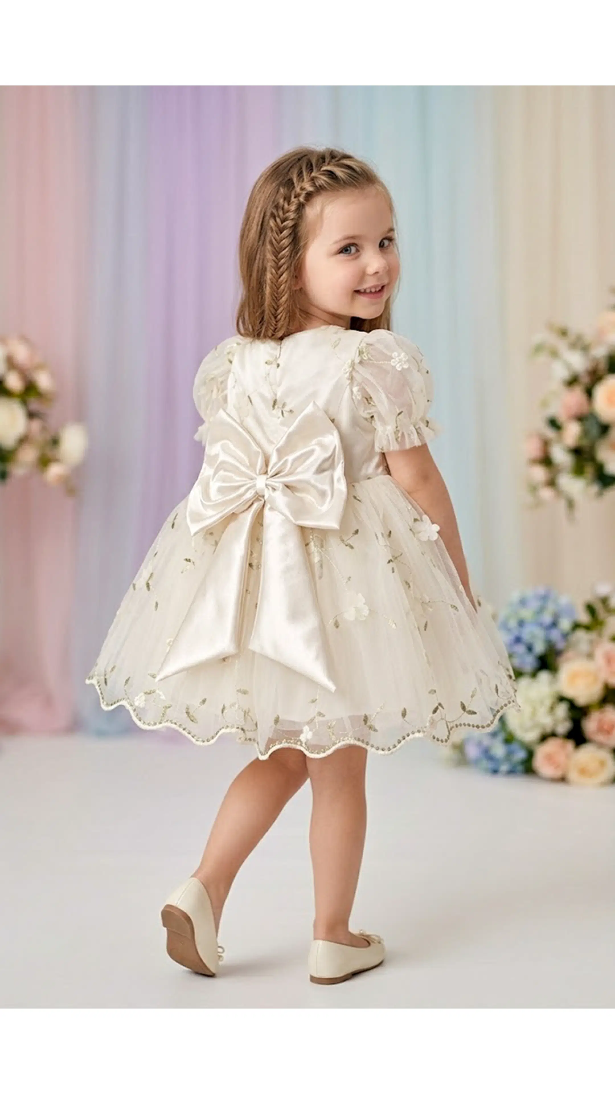 Kız Bebek Kız Çocuk Doğum Günü Parti Düğün Elbise Kısa Kol Çiçekli Fiyonklu Tüllü Tütü Astarlı