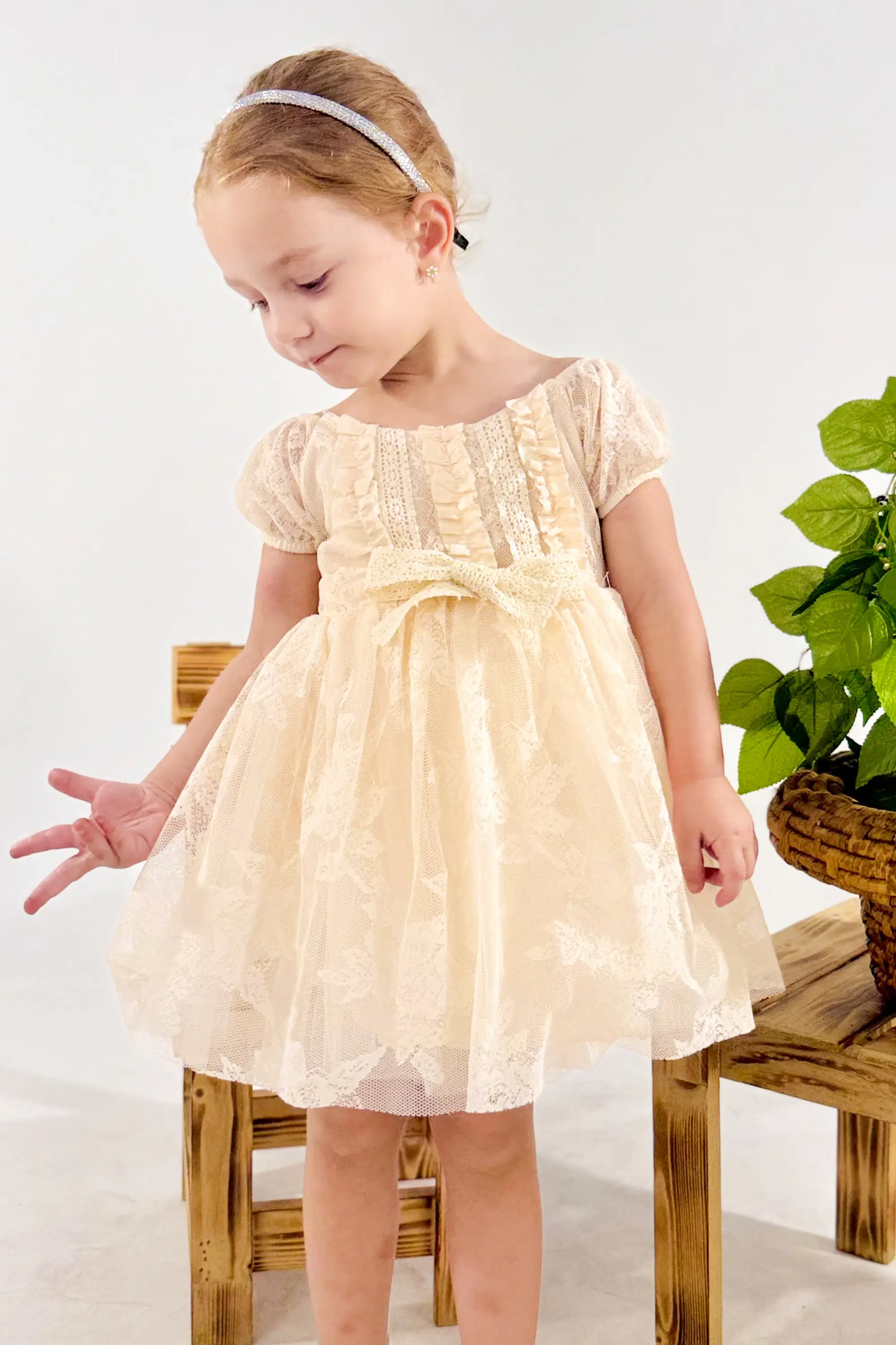 Kız Bebek Kız Çocuk Doğum Günü Parti Düğün Elbise Kısa Kol Dantelli Astarlı Elbise - Krem
