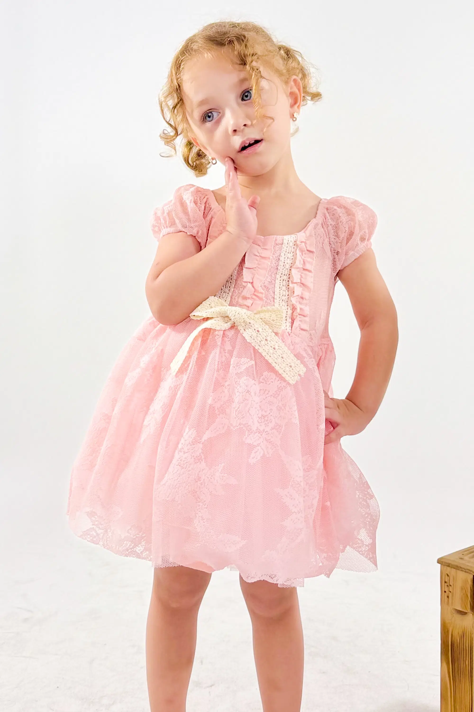 Kız Bebek Kız Çocuk Doğum Günü Parti Düğün Elbise Kısa Kol Dantelli Astarlı Elbise - Pembe