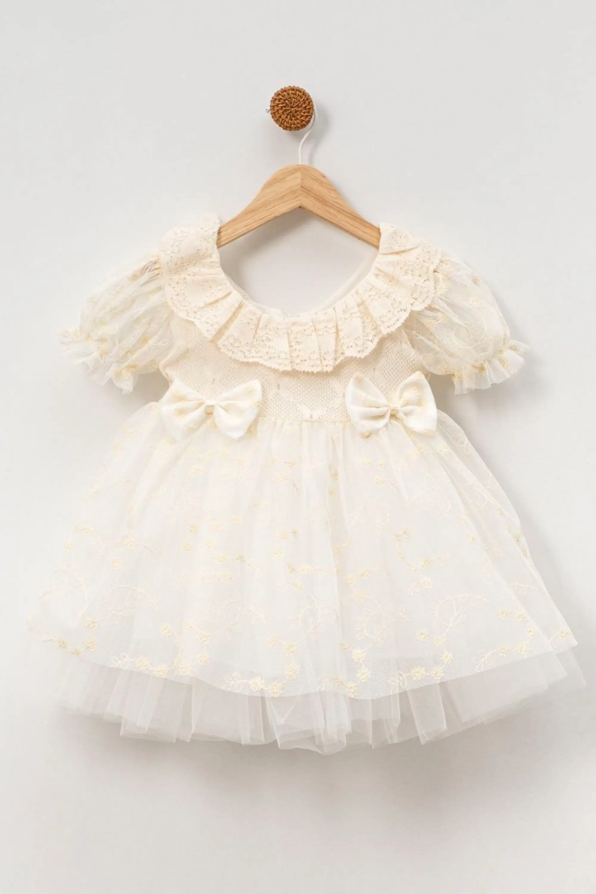 Kız Bebek Kız Çocuk Doğum Günü Parti Düğün Elbise Kısa Kol Fiyonk Dantelli Astarlı - Beyaz