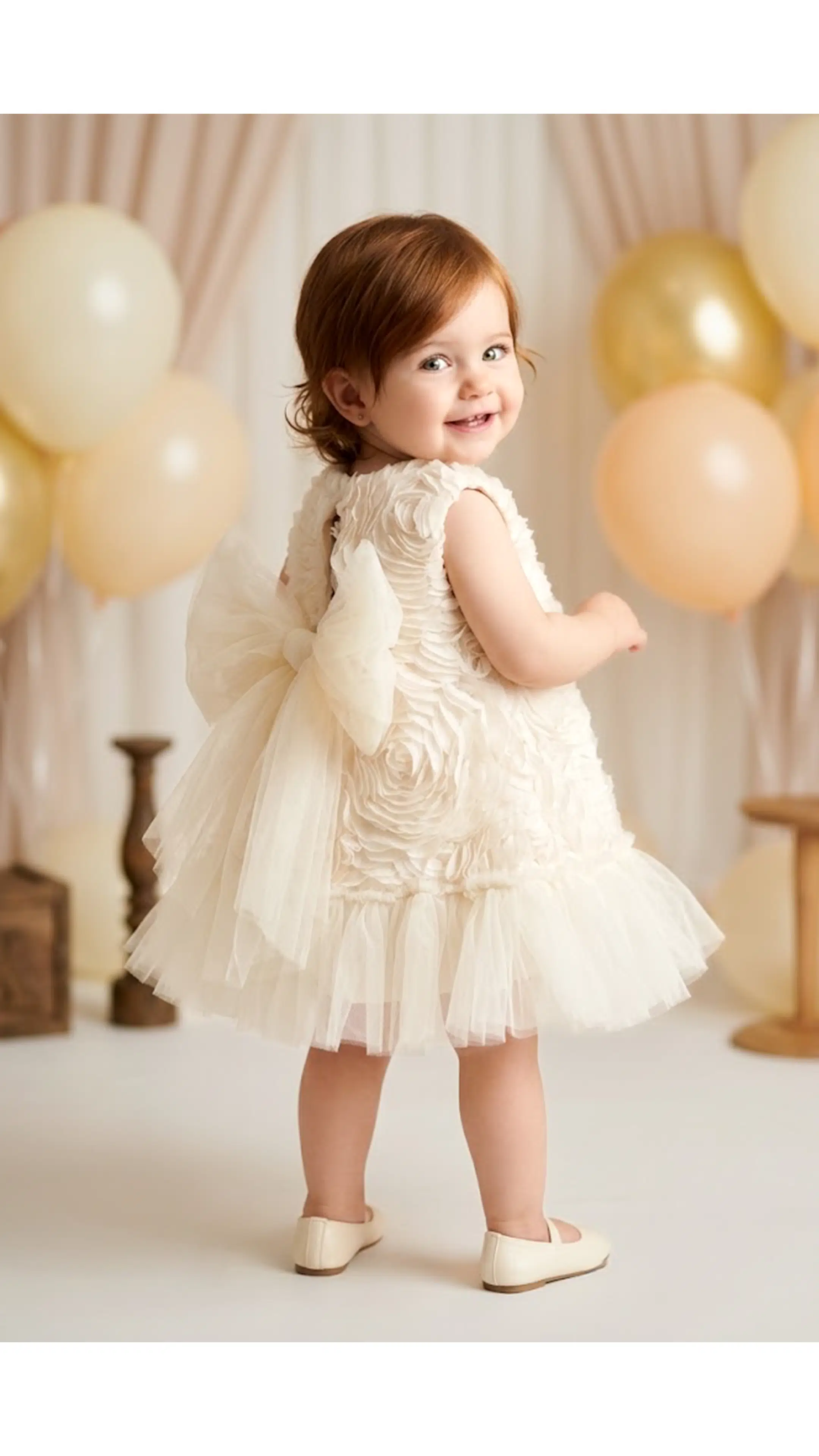 Kız Bebek Kız Çocuk Doğum Günü Parti Düğün Elbise Kısa Kol Kolsuz Güllü Fiyonklu Tüllü Tütü Astarlı - Krem