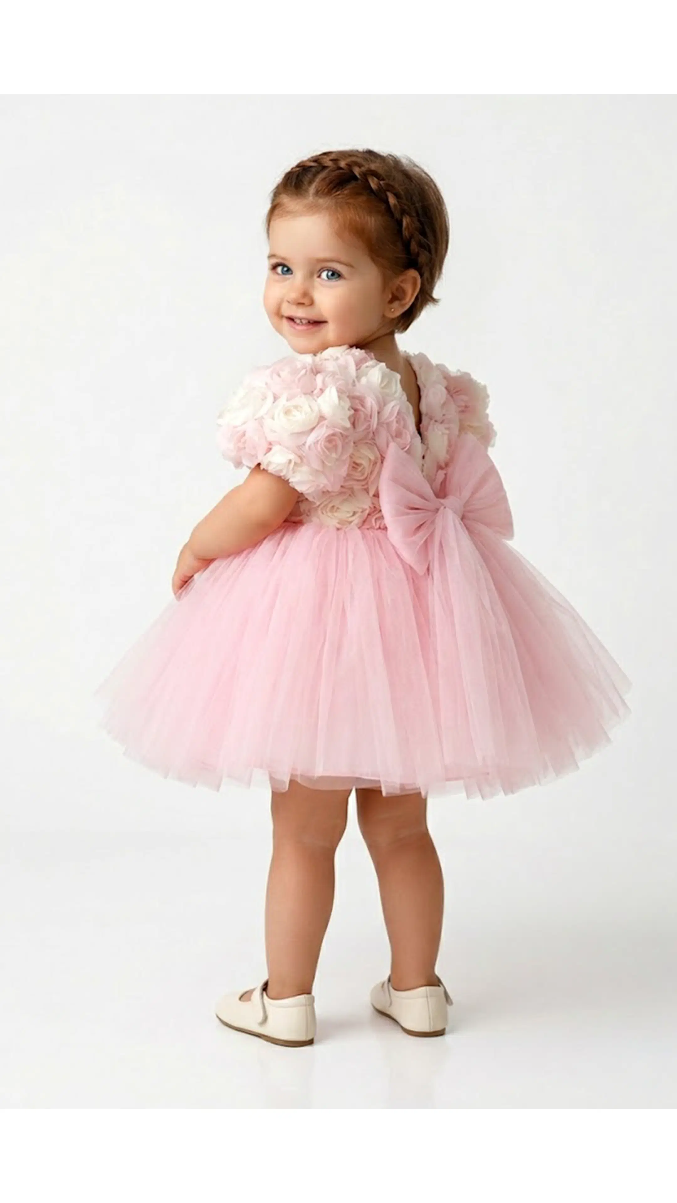 Kız Bebek Kız Çocuk Doğum Günü Parti Düğün Elbise Kısa Kol Kolsuz Güllü Fiyonklu Tüllü Tütü Astarlı - Pembe