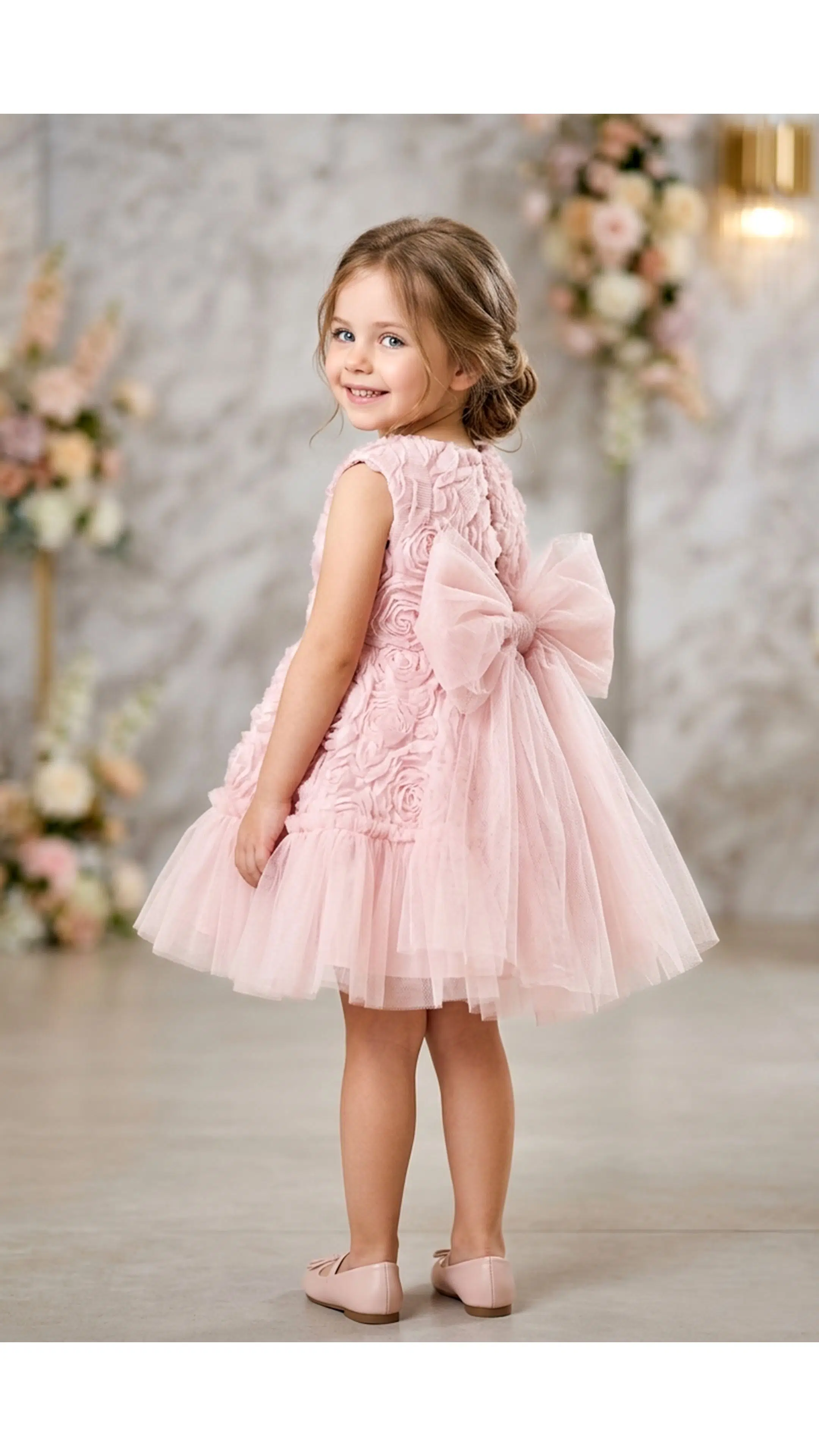 Kız Bebek Kız Çocuk Doğum Günü Parti Düğün Elbise Kısa Kol Kolsuz Güllü Fiyonklu Tüllü Tütü Astarlı