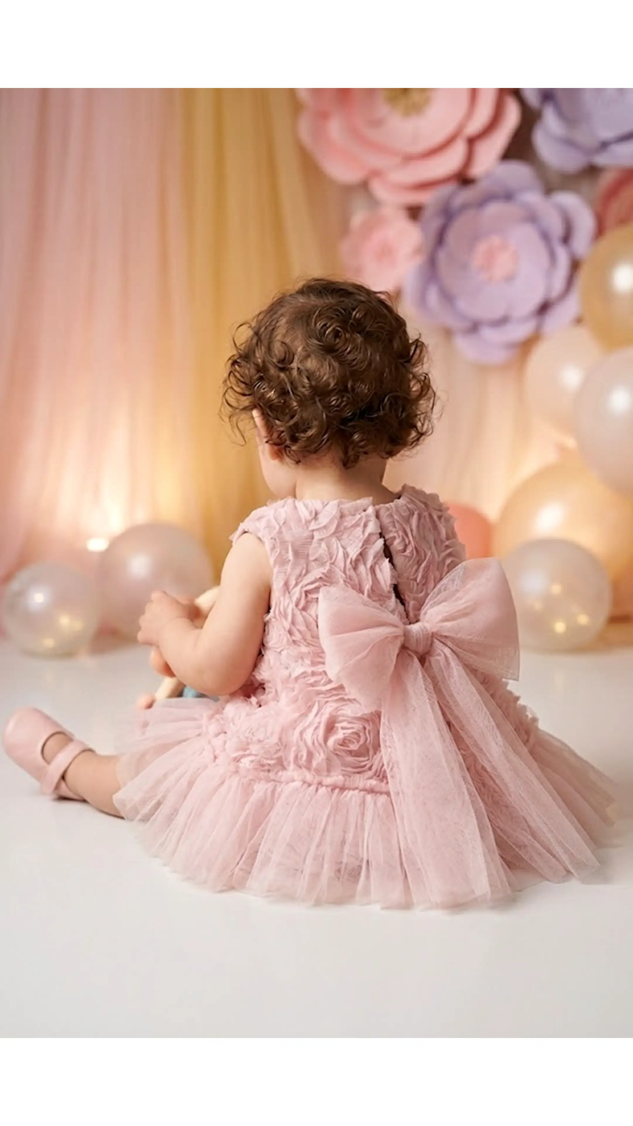 Kız Bebek Kız Çocuk Doğum Günü Parti Düğün Elbise Kısa Kol Kolsuz Güllü Fiyonklu Tüllü Tütü Astarlı - Pudra