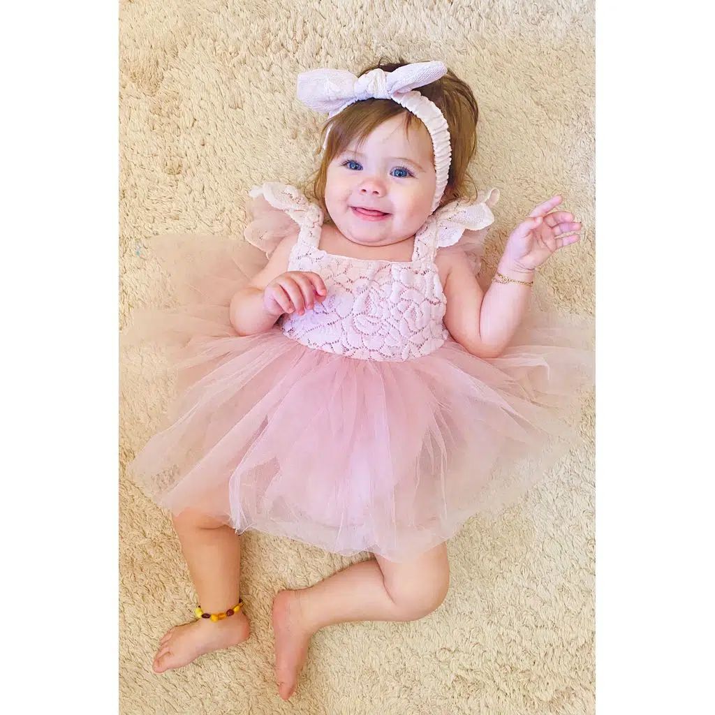 Kız Bebek Kız Çocuk Doğum Günü Parti Düğün Elbise Kısa Kol Kurdela Bandanalı Dantelli Astarlı Romper - Açık Pembe