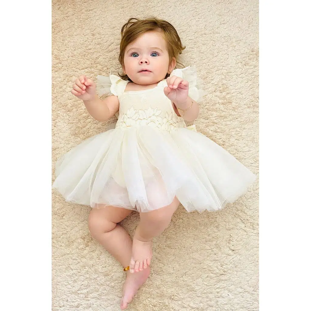 Kız Bebek Kız Çocuk Doğum Günü Parti Düğün Elbise Kısa Kol Kurdela Bandanalı Dantelli Astarlı Romper - Beyaz