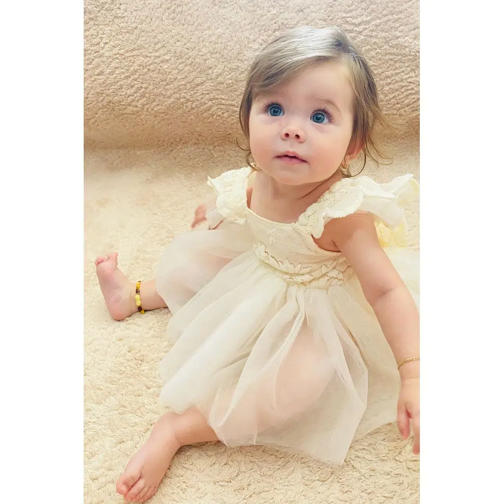 Kız Bebek Kız Çocuk Doğum Günü Parti Düğün Elbise Kısa Kol Kurdela Bandanalı Dantelli Astarlı Romper - Krem