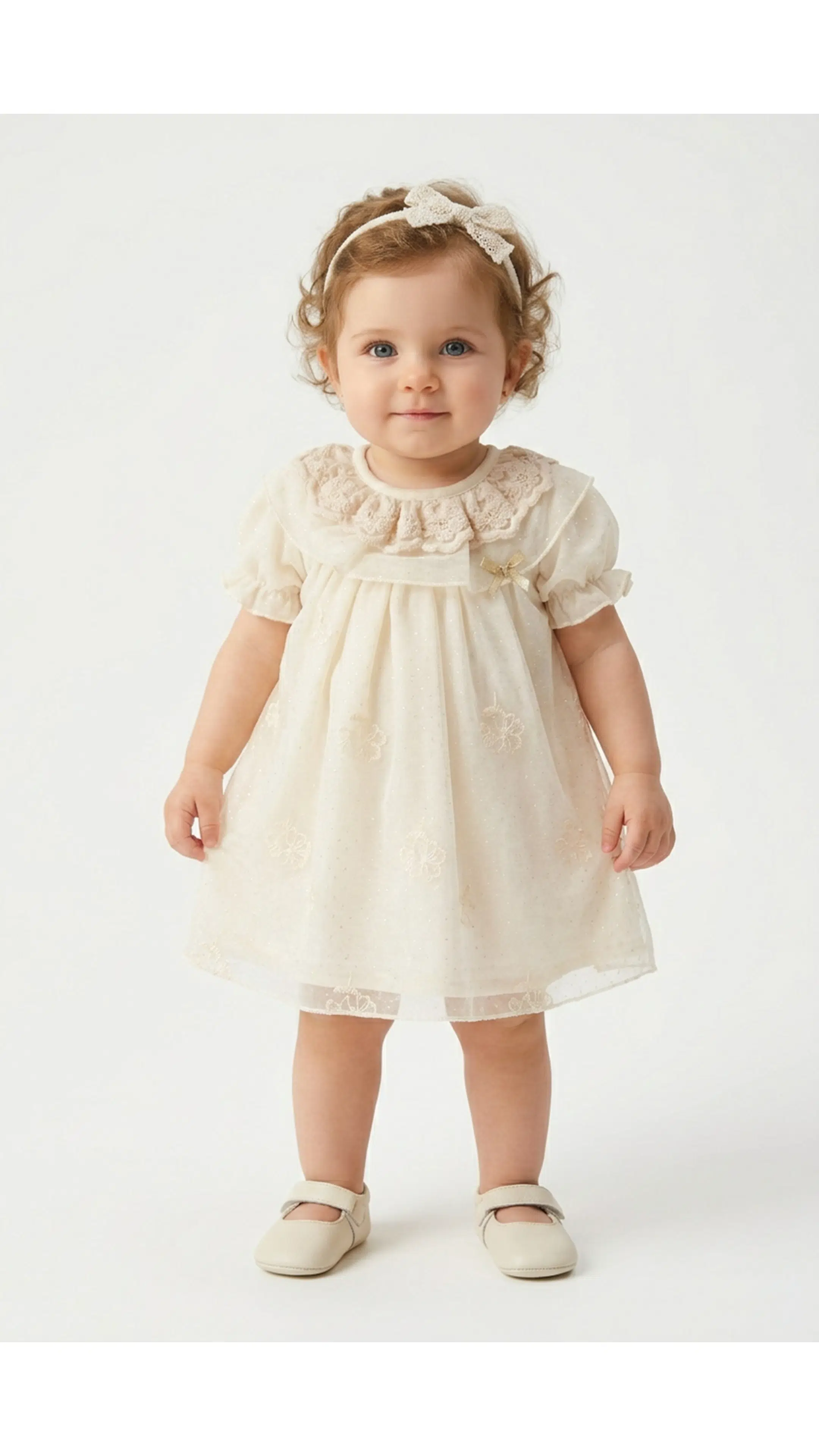 Kız Bebek Kız Çocuk Doğum Günü Parti Düğün Elbise Kısa Kol Taçlı Çiçekli Astarlı Dantel Yakalı