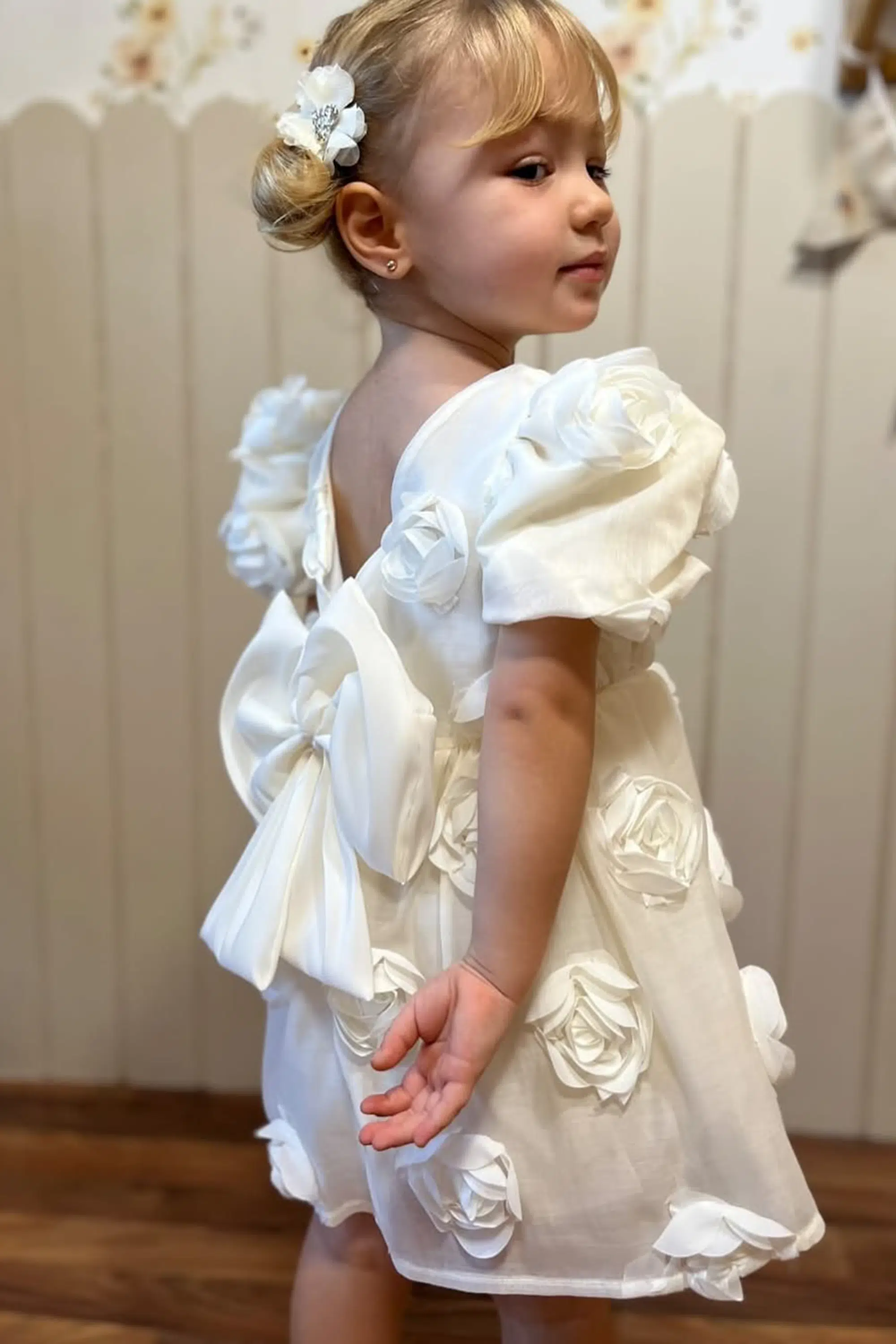 Kız Bebek Kız Çocuk Doğum Günü Parti Düğün Elbise Kısa Kol Tüllü Tütülü Tütü Astarlı - Beyaz