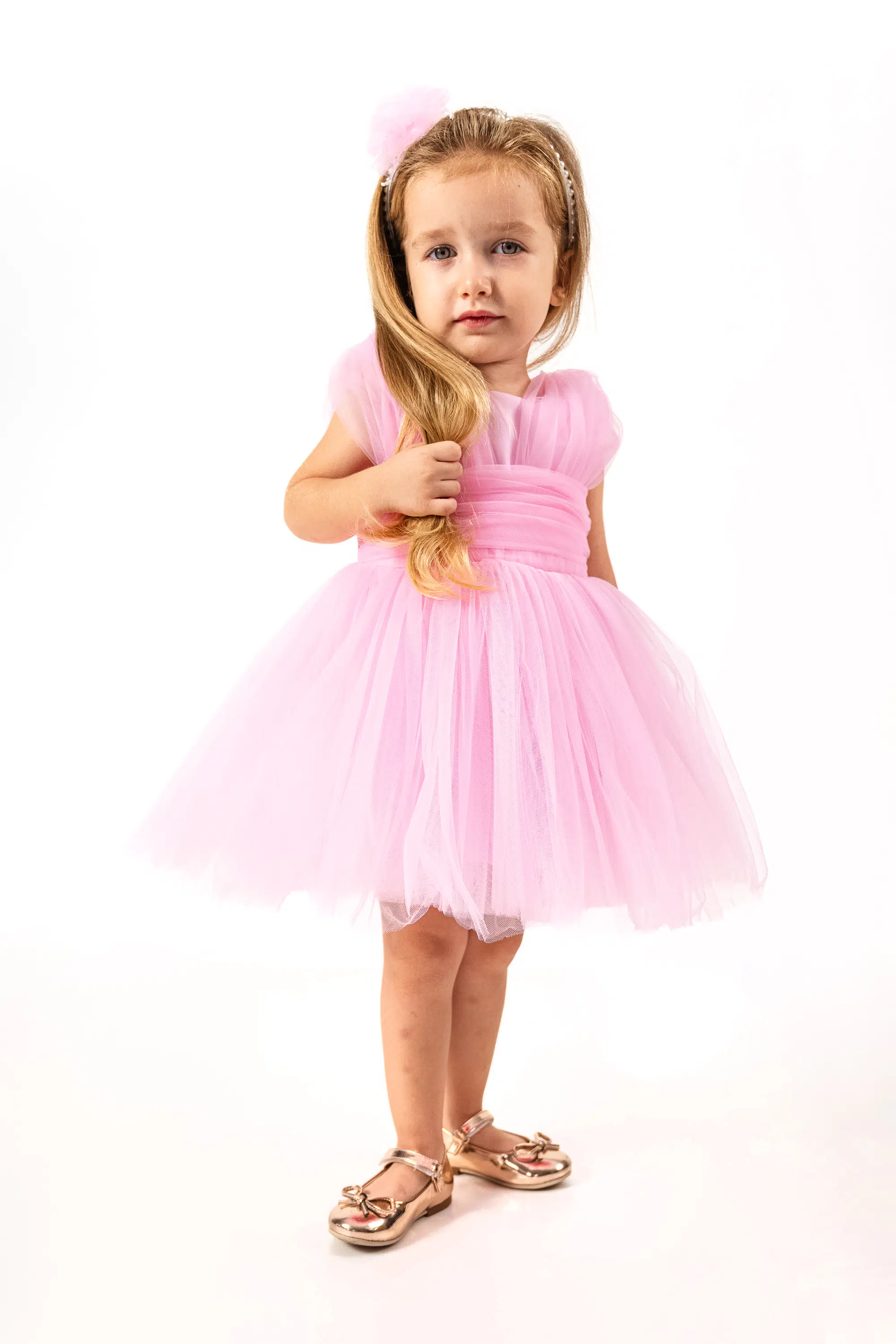 Kız Bebek Kız Çocuk Doğum Günü Parti Düğün Elbise Kolsuz Taçlı Fırfırlı Tüllü Tütülü Tütü Astarlı - Açık Pembe