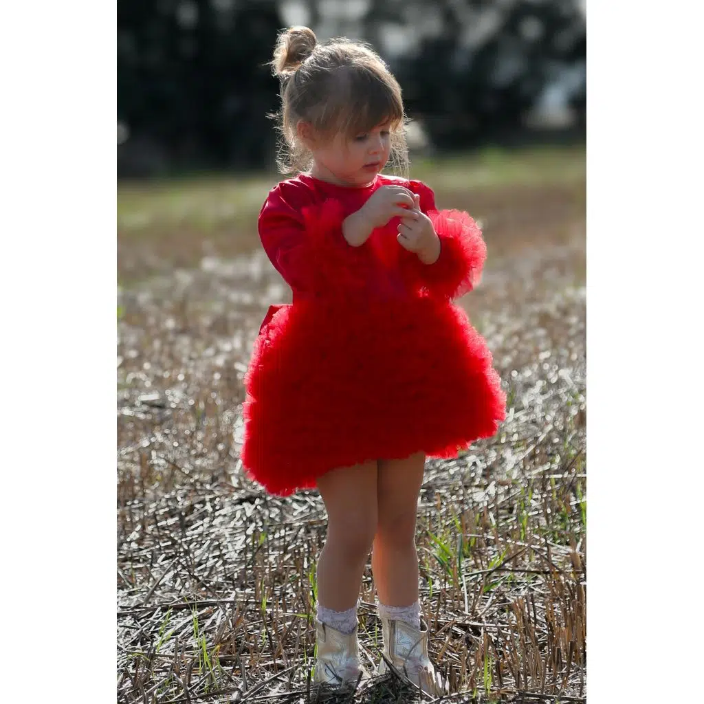 Kız Bebek Kız Çocuk Doğum Günü Parti Düğün Elbise Tüllü Tütü Astarlı Çocuk Giyim Bebek Giyim - Kırmızı