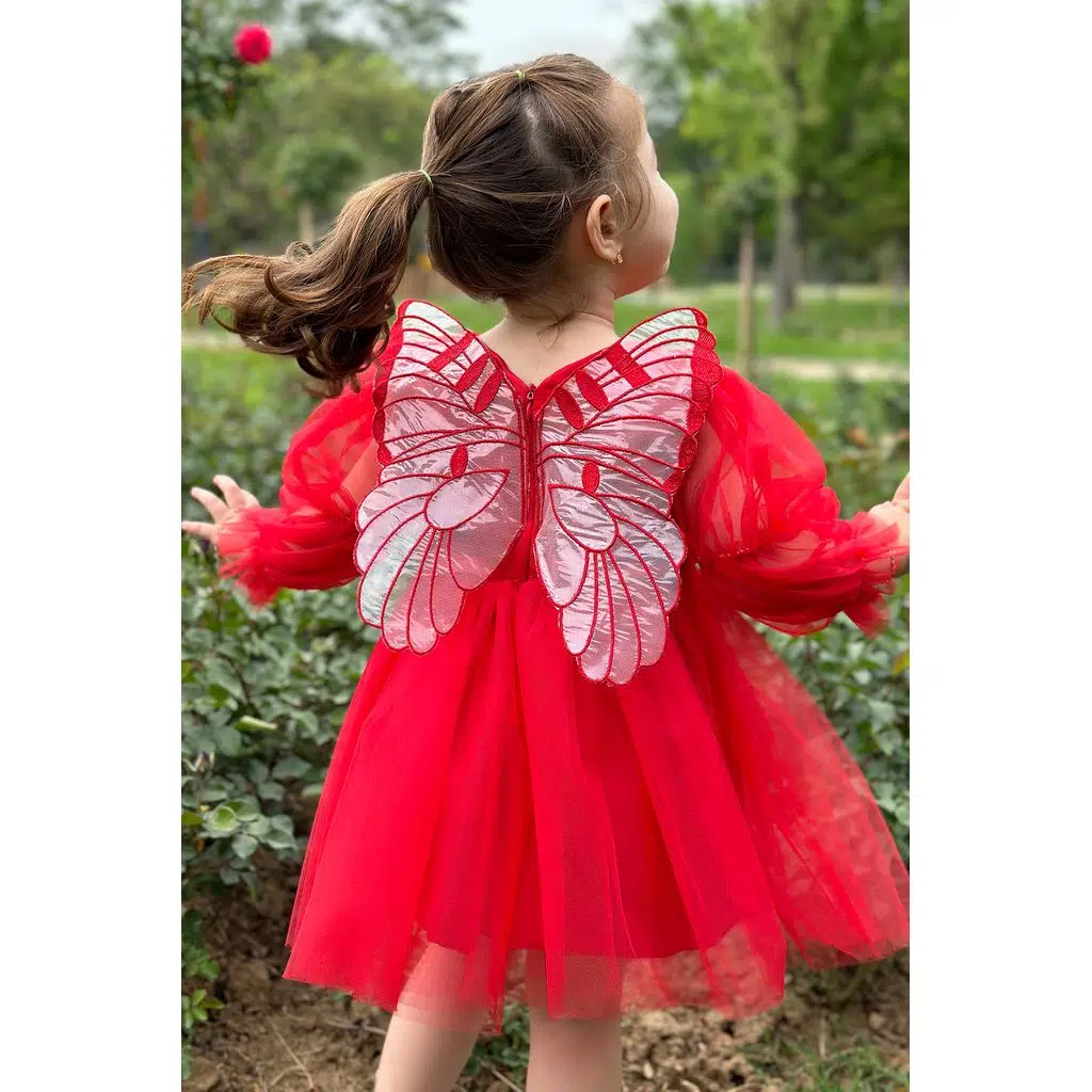 Kız Bebek Kız Çocuk Doğum Günü Parti Düğün Elbise Tüllü Tütü Astarlı Çocuk Giyim Bebek Giyim Elbise Uzun Kanatlı - Kırmızı
