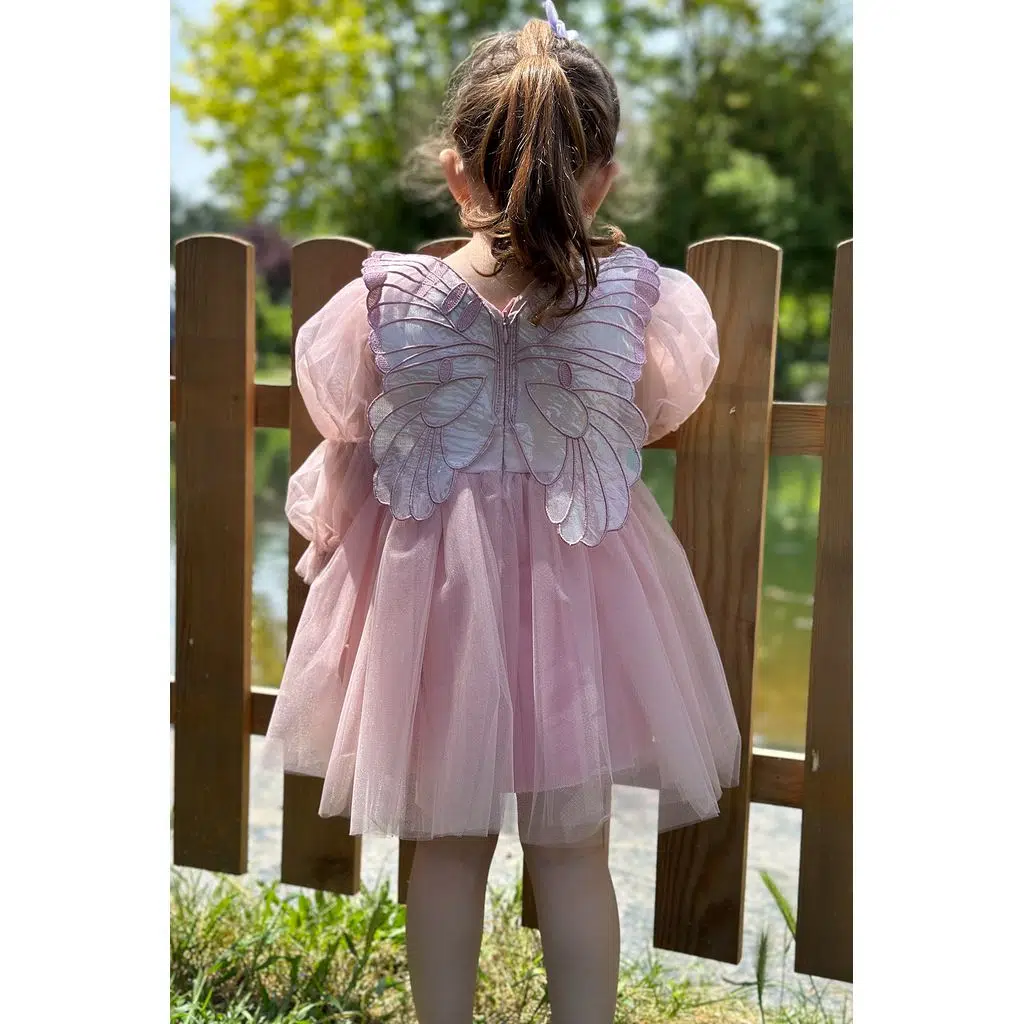 Kız Bebek Kız Çocuk Doğum Günü Parti Düğün Elbise Tüllü Tütü Astarlı Çocuk Giyim Bebek Giyim Elbise Uzun Kanatlı - Pudra
