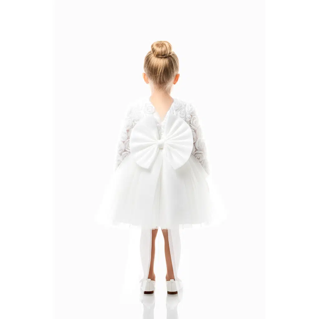 Kız Bebek Kız Çocuk Doğum Günü Parti Düğün Elbise Uzunkollu Güllü Fiyonklu Tüllü Tütü Astarlı - Beyaz