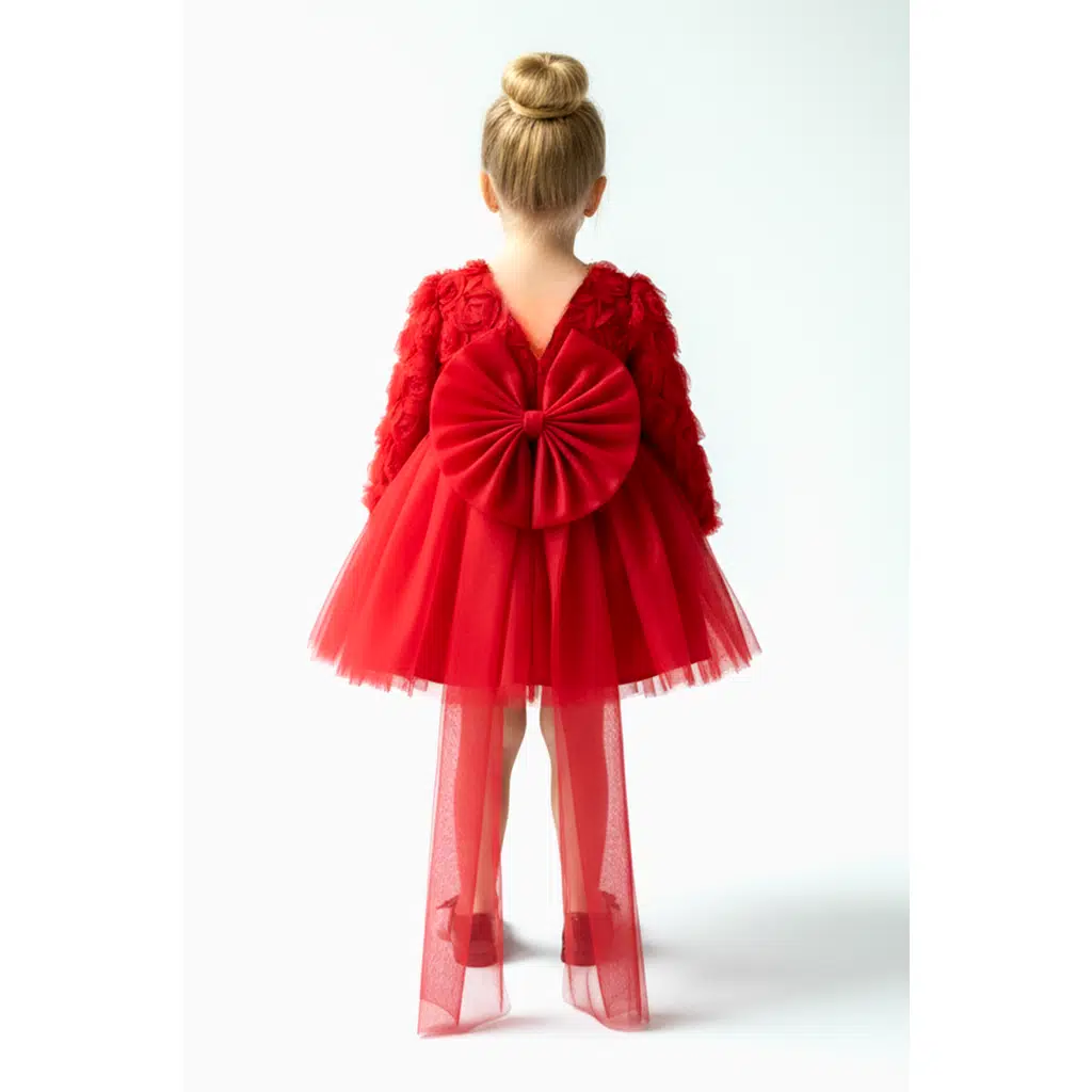 Kız Bebek Kız Çocuk Doğum Günü Parti Düğün Elbise Uzunkollu Güllü Fiyonklu Tüllü Tütü Astarlı - Kırmızı