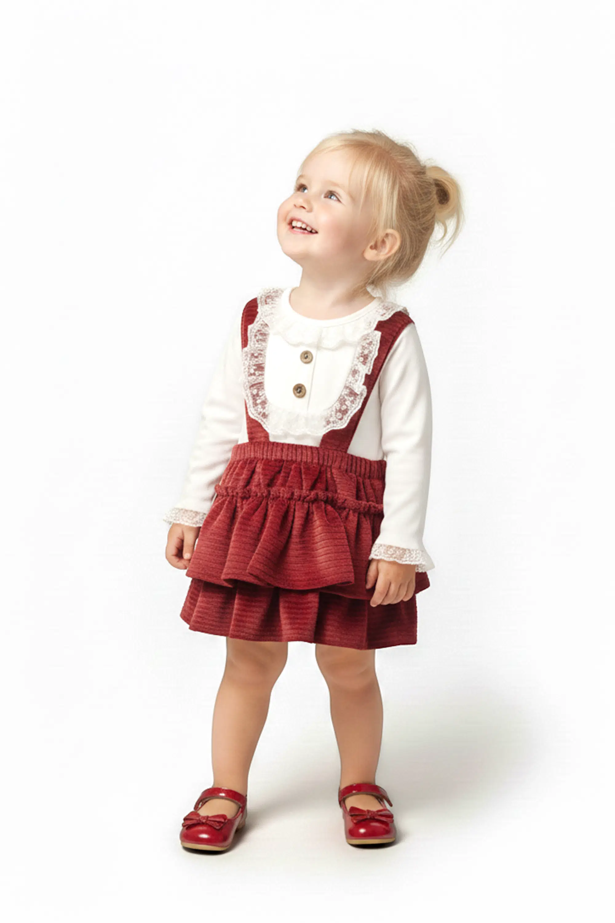 Kız Bebek Kız Çocuk Doğum Günü Parti Düğün Kadife Salopet Slopet Dantelli Uzun Kol Salopet - Koyu Kırmızı