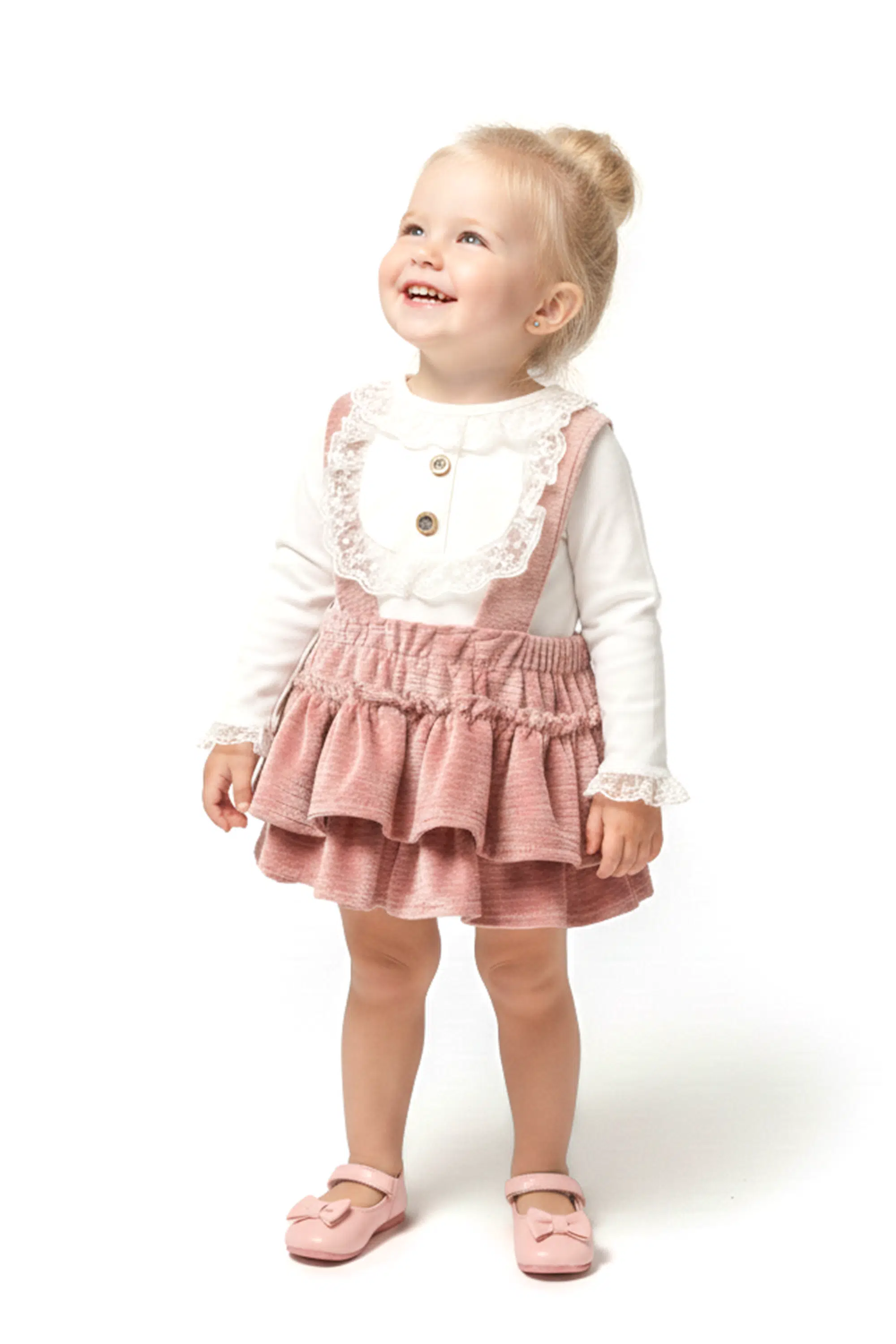 Kız Bebek Kız Çocuk Doğum Günü Parti Düğün Kadife Salopet Slopet Dantelli Uzun Kol Salopet - Pudra