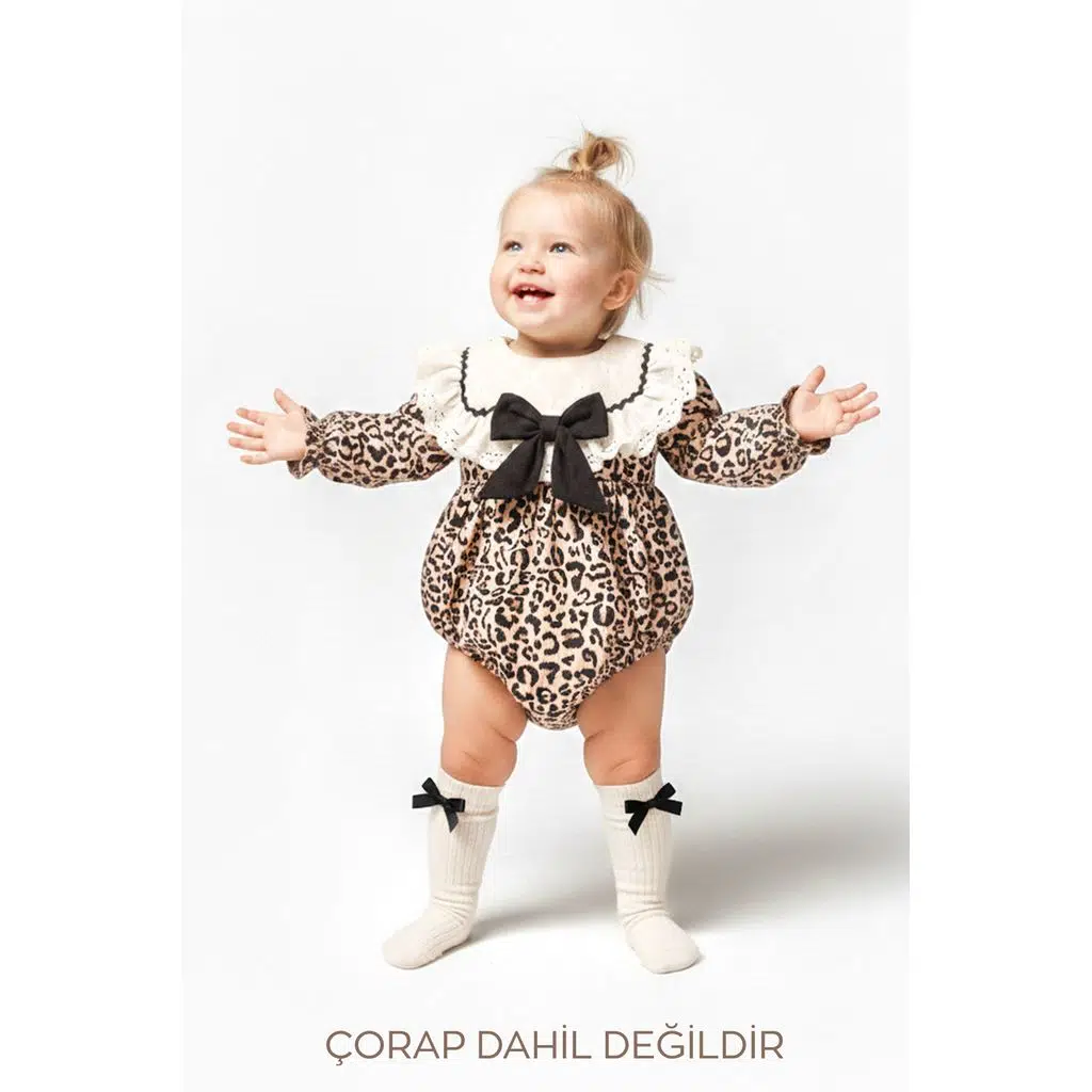 Kız Bebek Kız Çocuk Romper Doğum Günü Parti Düğün Leopar Romper Dantelli Fiyonklu Uzun Kol Romper - Açık Kahverengi