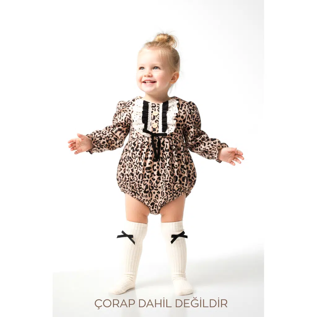 Kız Bebek Kız Çocuk Romper Doğum Günü Parti Düğün Leopar Romper Dantelli Fiyonklu Uzun Kol Romper - Koyu Kahverengi