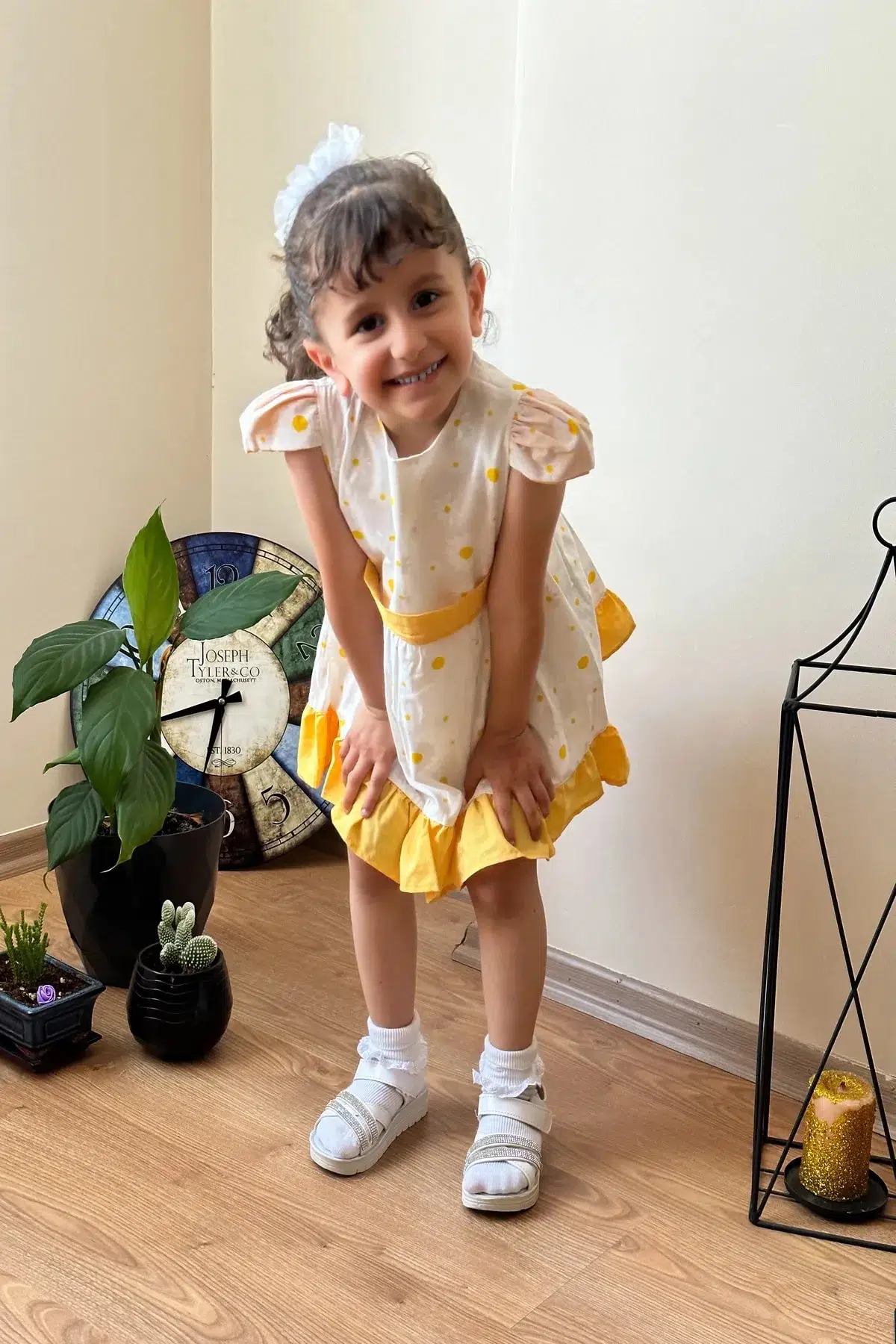 Yazlık Elbise Kısa Kollu Kız Çocuk Elbise Bebek Giyim Kız Bebek Elbise ELBCCKDSN - Sarı