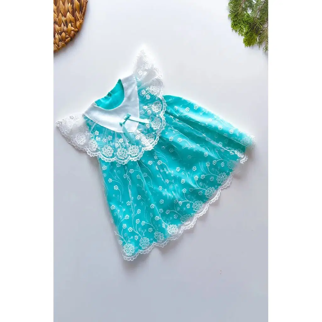 Yazlık Elbise Kısa Kollu Tüllü Tütü Astarlı Kız Çocuk Elbise Bebek Giyim Kız Bebek Elbise ELBFYN - Mavi