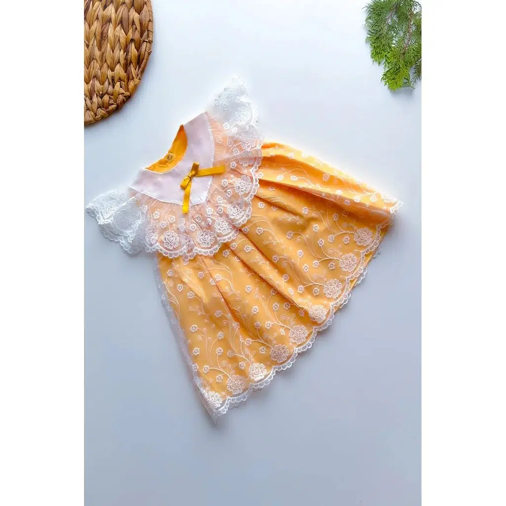 Yazlık Elbise Kısa Kollu Tüllü Tütü Astarlı Kız Çocuk Elbise Bebek Giyim Kız Bebek Elbise ELBFYN - Sarı