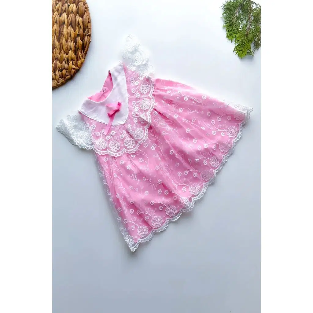 Yazlık Elbise Kısa Kollu Tüllü Tütü Astarlı Kız Çocuk Elbise Bebek Giyim Kız Bebek Elbise ELBFYN - Pembe