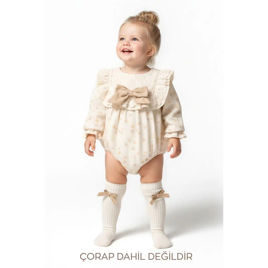 Kız Bebek Romper Kız Çocuk Romper Doğum Günü Parti Düğün Elbise Fiyonk Uzun Kol Romper - Açık Kahverengi