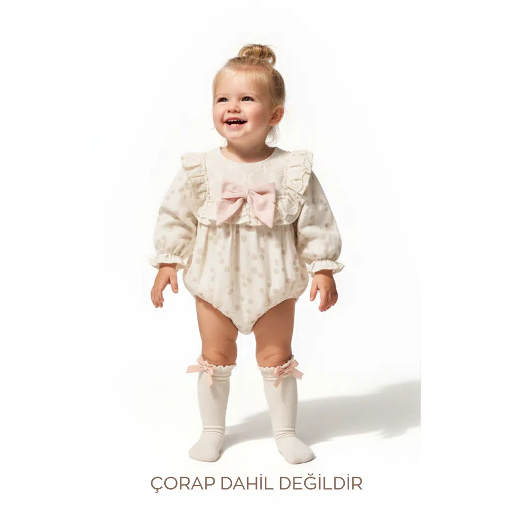 Kız Bebek Romper Kız Çocuk Romper Doğum Günü Parti Düğün Elbise Fiyonk Uzun Kol Romper - Açık Pembe