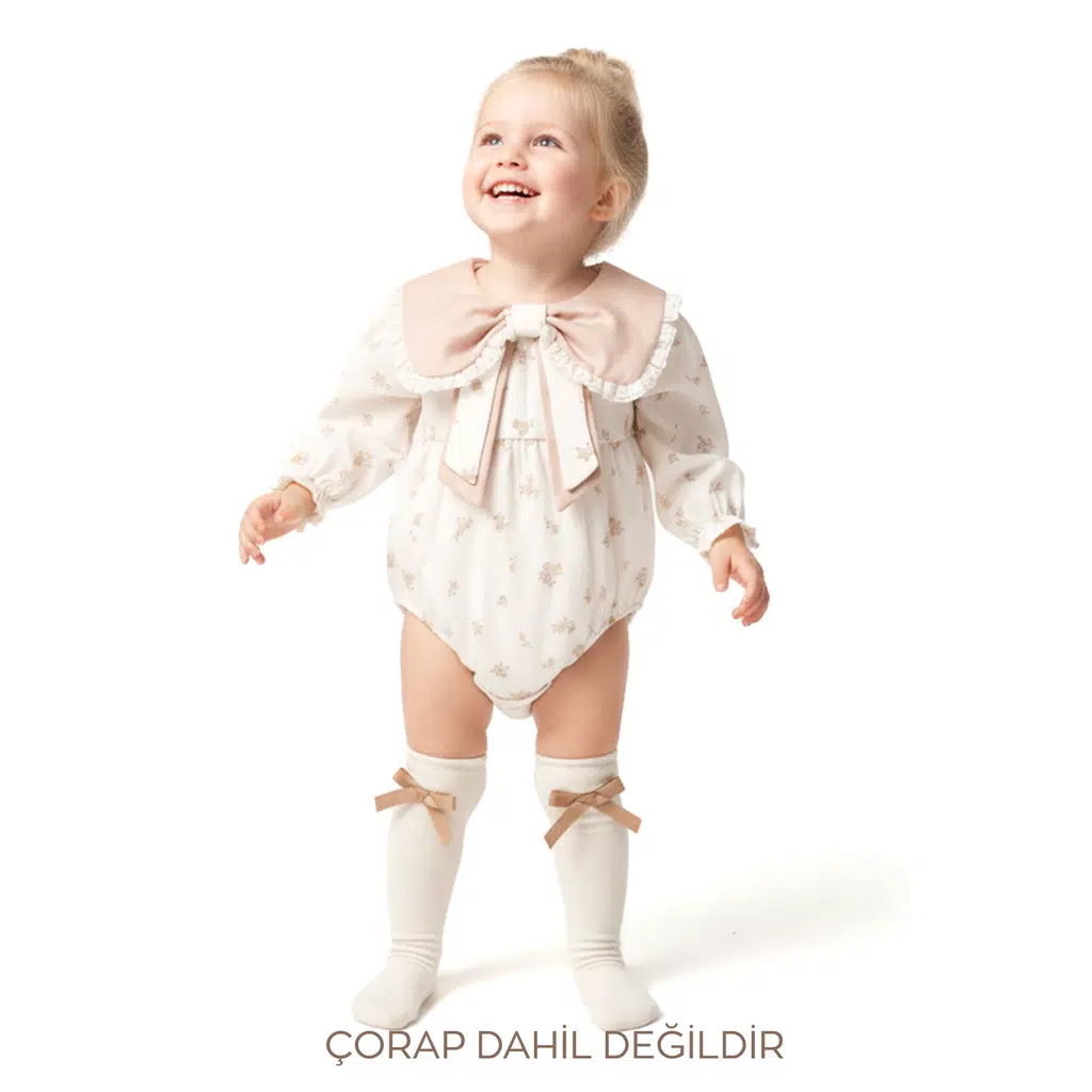 Kız Bebek Romper Kız Çocuk Romper Doğum Günü Parti Düğün Elbise Fiyonk Uzun Kol Romper - Açık Kahverengi