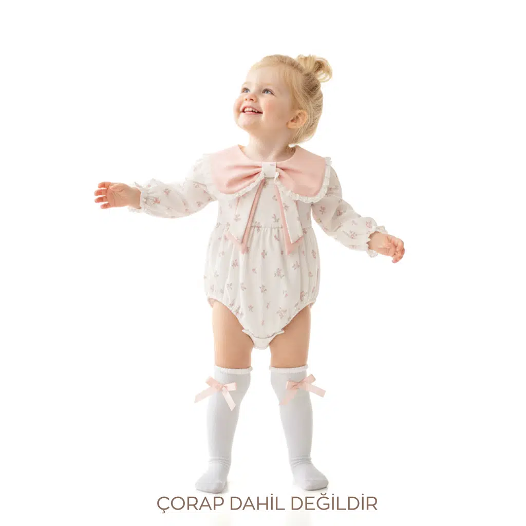 Kız Bebek Romper Kız Çocuk Romper Doğum Günü Parti Düğün Elbise Fiyonk Uzun Kol Romper - Pudra