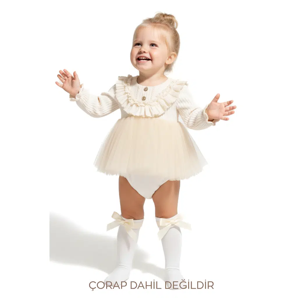 Kız Bebek Romper Kız Çocuk Romper Doğum Günü Parti Düğün Elbise Tüllü Uzun Kol Romper - Krem