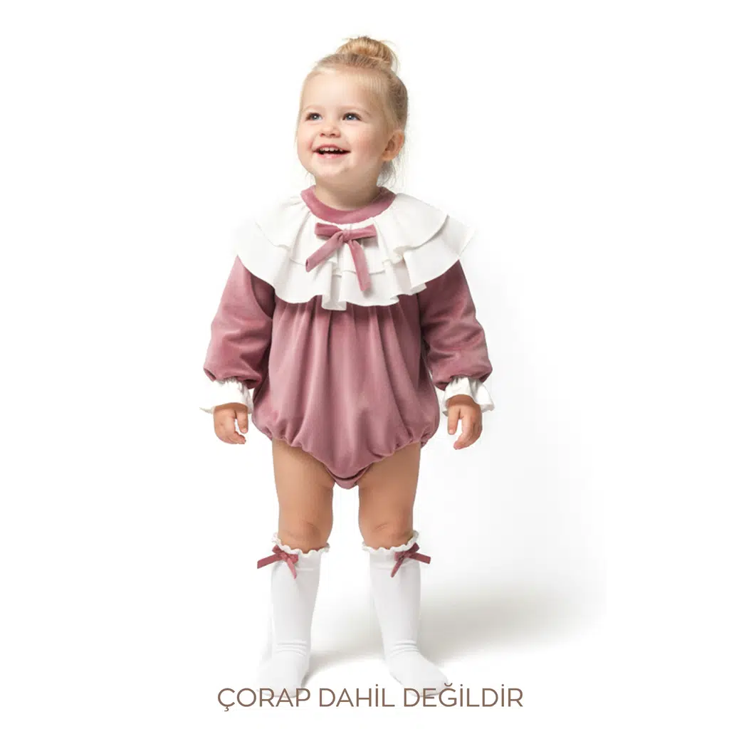 Kız Bebek Romper Kız Çocuk Romper Kadife Doğum Günü Parti Düğün Elbise Fiyonk Uzun Kol Romper - Koyu Pembe