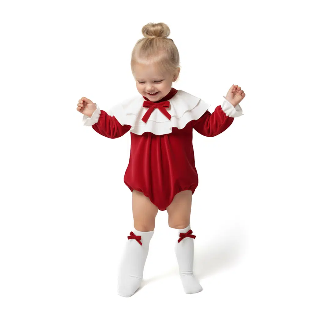 Kız Bebek Romper Kız Çocuk Romper Kadife Doğum Günü Parti Düğün Elbise Fiyonk Uzun Kol Romper - Koyu Kırmızı