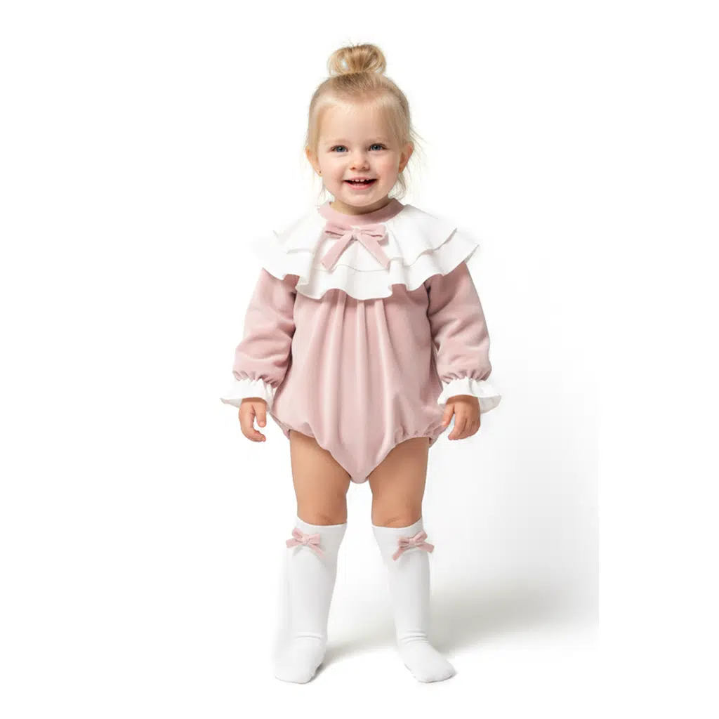 Kız Bebek Romper Kız Çocuk Romper Kadife Doğum Günü Parti Düğün Elbise Fiyonk Uzun Kol Romper - Açık Pembe