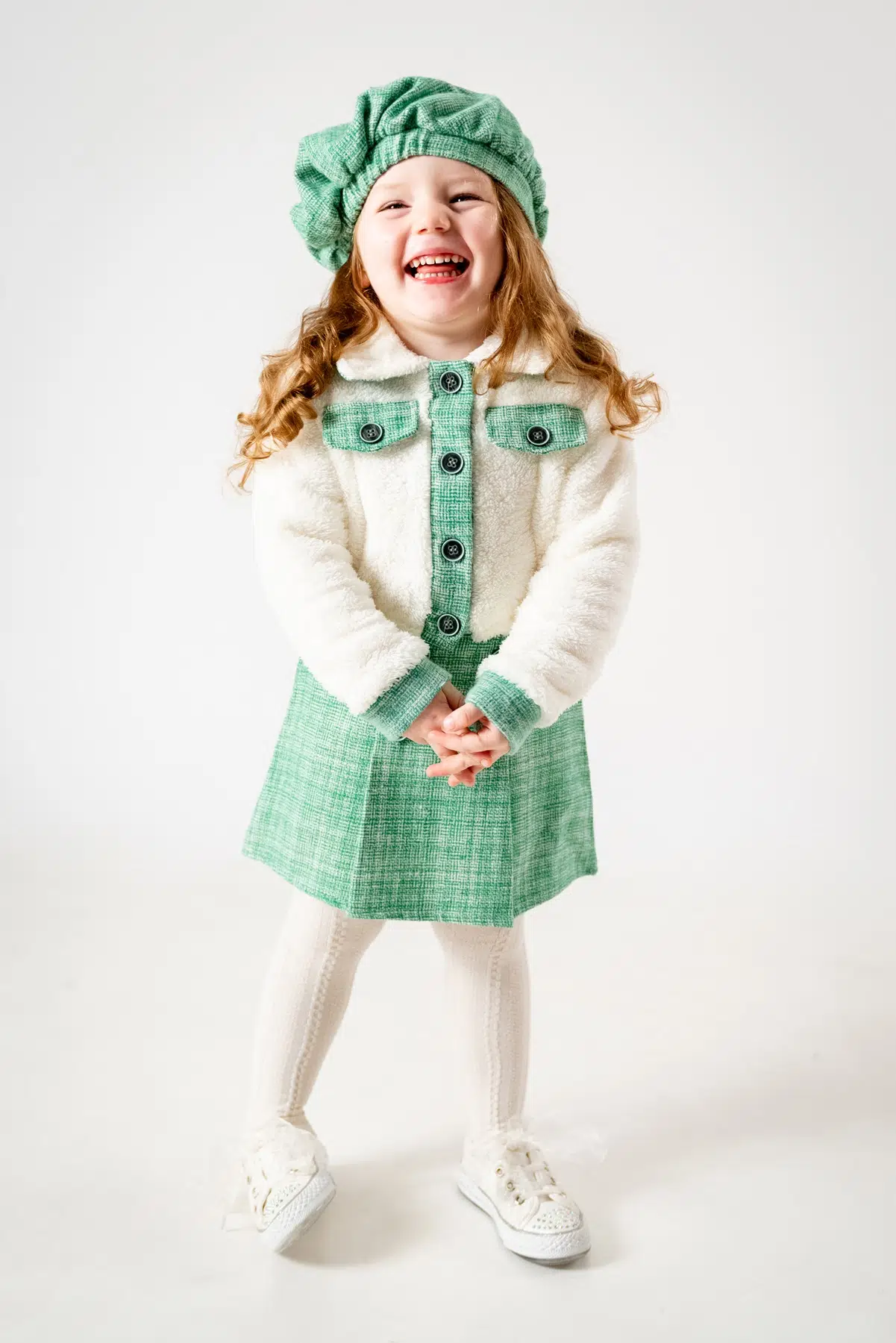 Kız Çocuk Kız Bebek Hırkalı Şapkalı Etekli Welsoft Peluş Oduncu Üçlü Elbise Takım - Yeşil