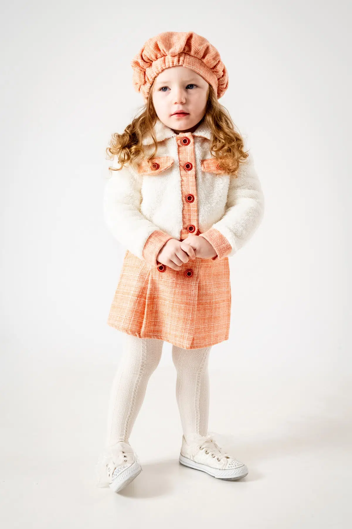 Kız Çocuk Kız Bebek Hırkalı Şapkalı Etekli Welsoft Peluş Oduncu Üçlü Elbise Takım - Turuncu