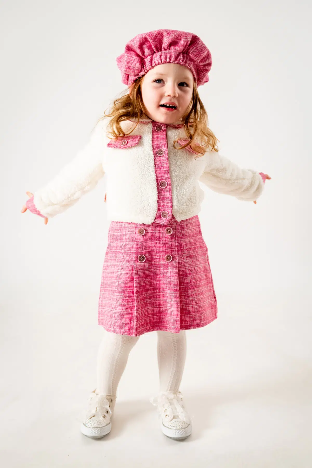Kız Çocuk Kız Bebek Hırkalı Şapkalı Etekli Welsoft Peluş Oduncu Üçlü Elbise Takım - Pembe