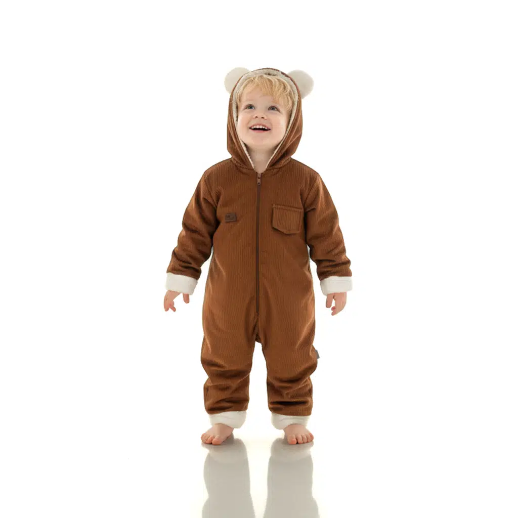 Kız Erkek Unisex Mevsimlik Çift Kat Kadife Ultrasoft Şapkalı Bebek Çocuk Uyku Tulumu Astronot Tulum - Açık Kahverengi