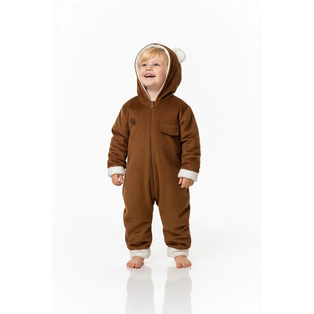 Kız Erkek Unisex Mevsimlik Çift Kat Kadife Ultrasoft Şapkalı Bebek Çocuk Uyku Tulumu Astronot Tulum - Koyu Kahverengi