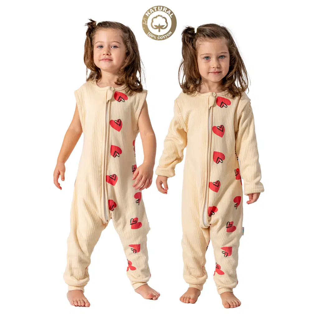 Kız Erkek Unisex Mevsimlik Kolları Çıkan Çift Kat Organik %100 Doğal Pamuk Bebek Çocuk Uyku Tulumu - Kırmızı