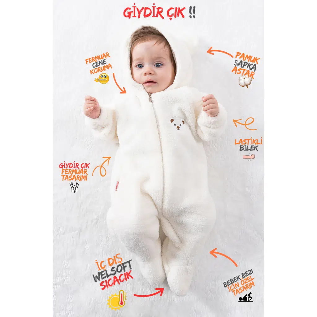 Welsoft Peluş Fermuarlı Kışlık Unisex Kız Erkek Bebek Uyku Tulumu Bebek Tulumu Çocuk Tulumu - Beyaz