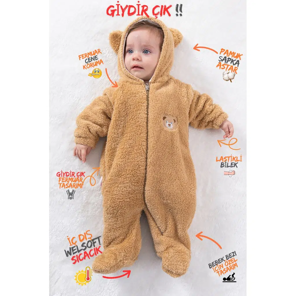 Welsoft Peluş Fermuarlı Kışlık Unisex Kız Erkek Bebek Uyku Tulumu Bebek Tulumu Çocuk Tulumu - Kahverengi